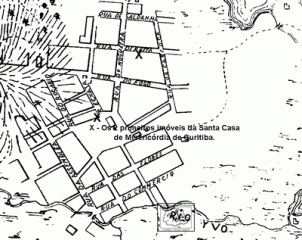 Mapa da cidade de Curitiba em 1857. A população, em 1858 era de 11.313 pessoas.